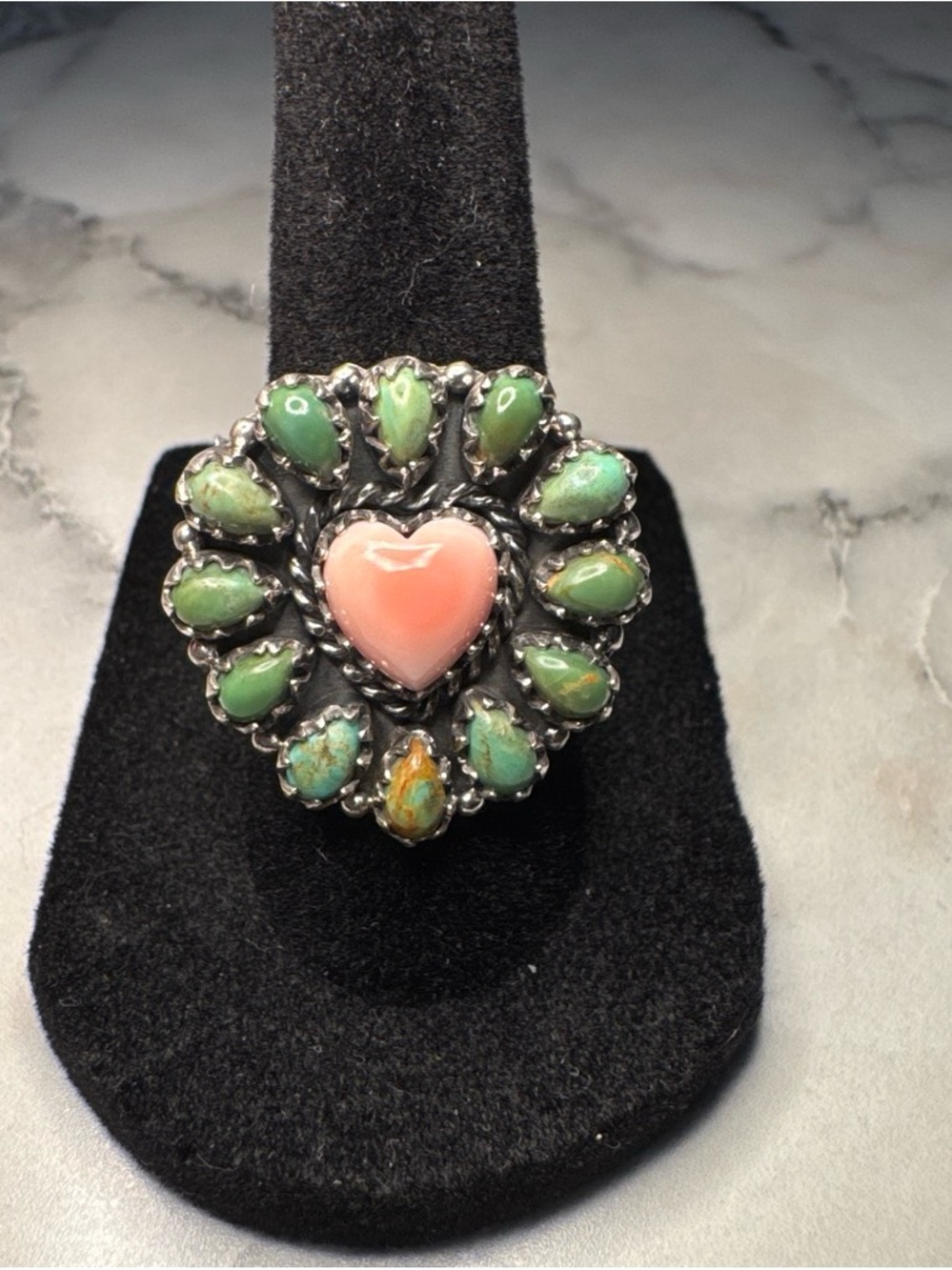 Sonoran Gold Turquoise Heart Cluster Ring with Pink Conch